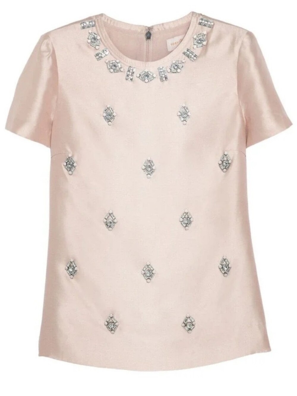 Tory Burch Champagne Satin Embellished Short-Sleeve Top